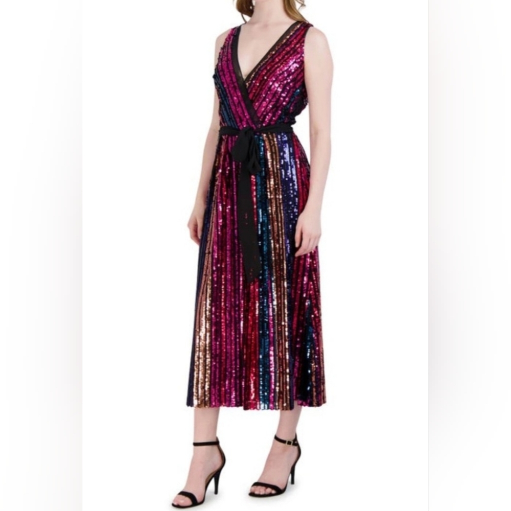 Julia Jordan Pink and Blue Sequin Wrap Midi Dress, Size 16